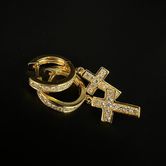 Diamond Huggies with Dangling Cross Hoop Earrings 14K Yellow